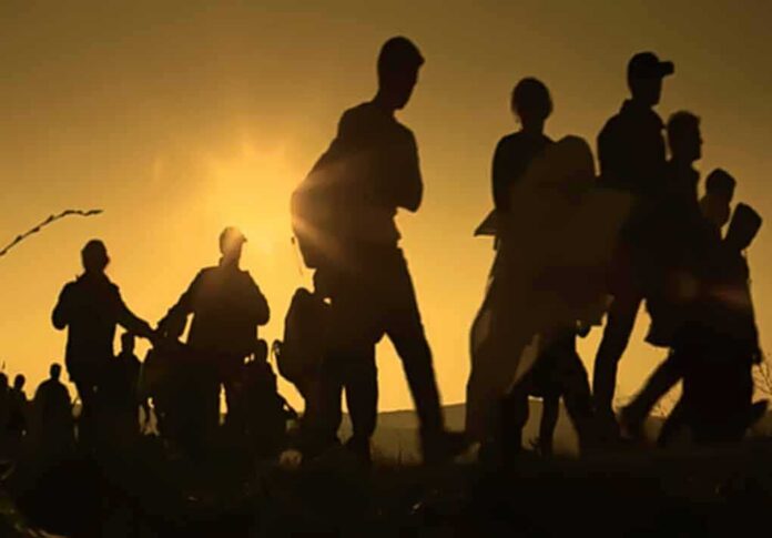Silhouettes of people walking at sunset