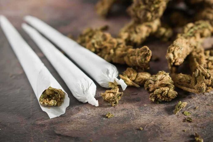 shutterstock_1047100399 Three cannabis joints beside loose marijuana buds
