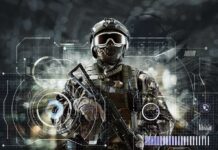 Robot War Gambit: Pentagon Goes Big Soldier in tactical gear holding rifle with futuristic HUD overlay