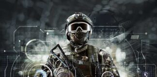 Soldier in tactical gear holding rifle with futuristic HUD overlay