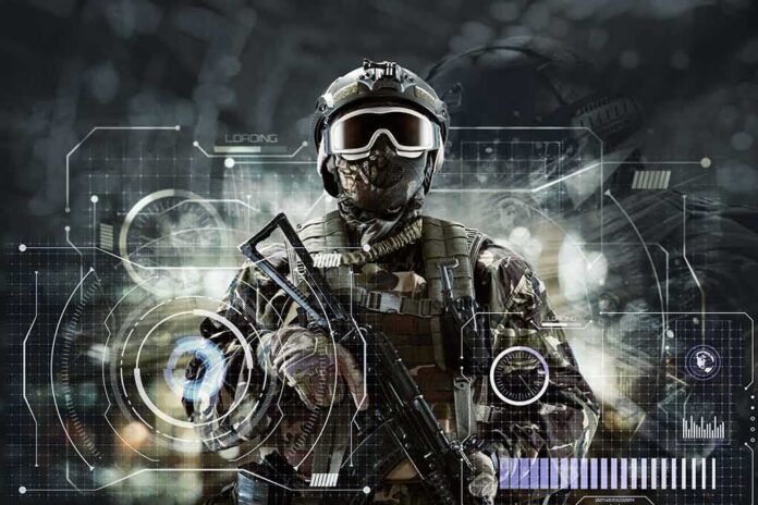 shutterstock_1106720750 Soldier in tactical gear holding rifle with futuristic HUD overlay
