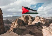 Palestinian flag waving over rocky desert cliffs