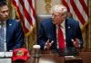 Israel Doomsday Averted? Trump Doubles Down Donald Trump speaks at a meeting table beside Marco Rubio