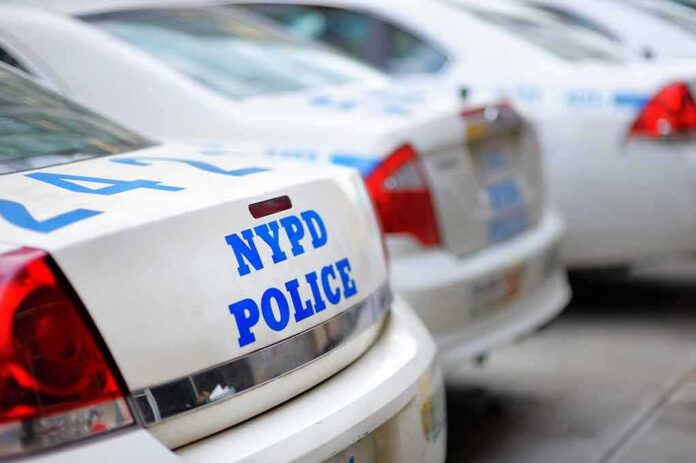 Row of NYPD police cars parked in a line