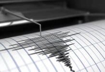 Seismograph needle recording earthquake waves on paper