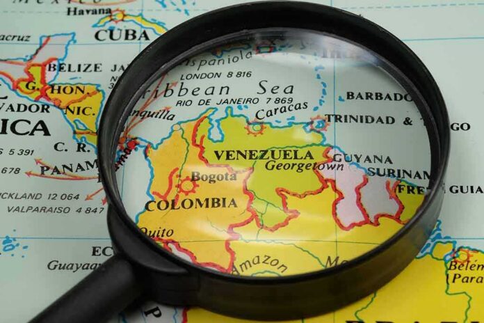 Magnifying glass over a map of northern South America