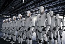 Rows of humanoid robots standing in a warehouse